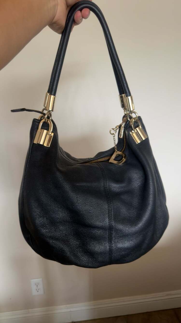 DKNY Black Pebbled Leather Hobo Shoulder Bag with Gold Tone Hardware